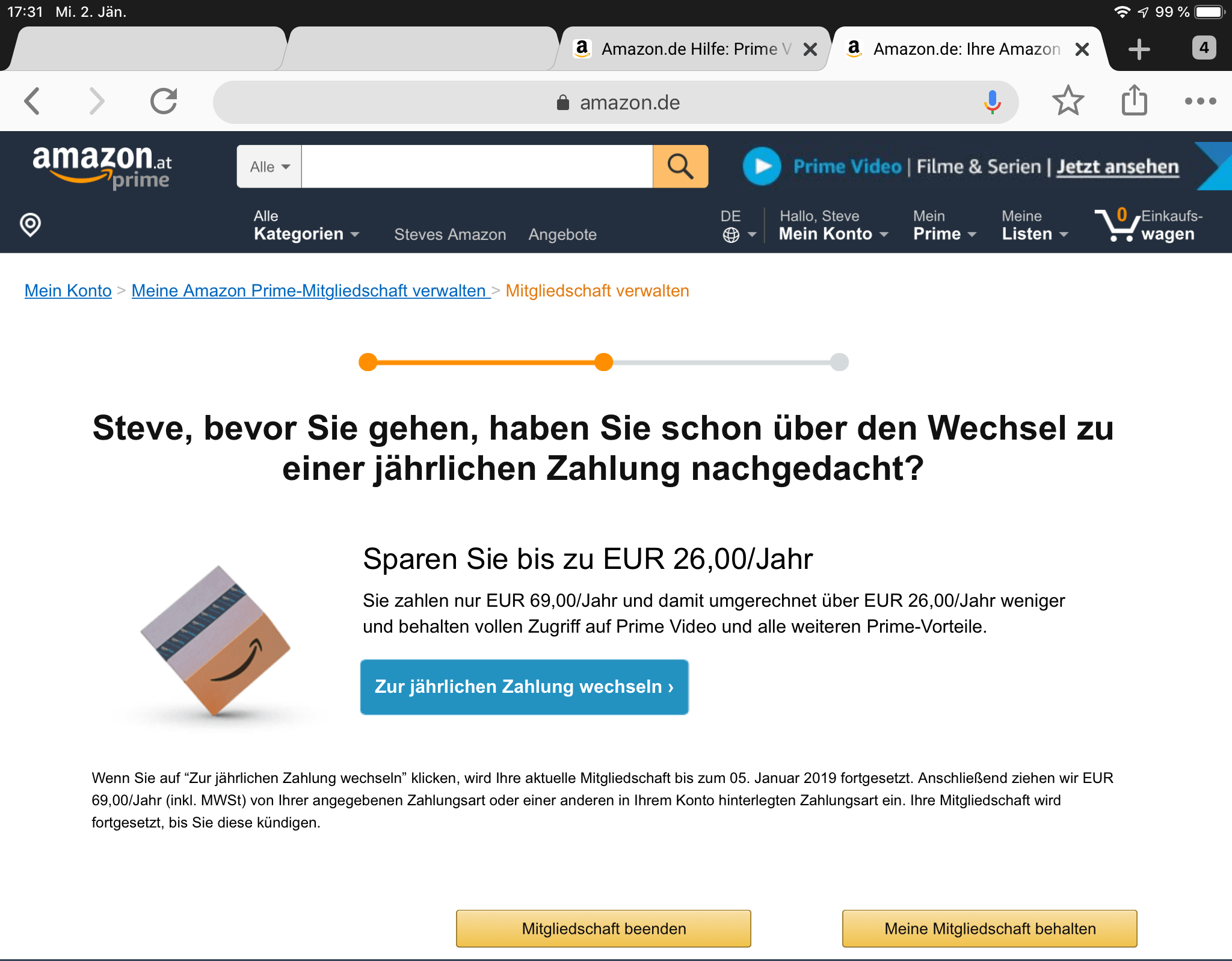 Amazon Prime Kündigung der Mitgliedschaft Schritt 3