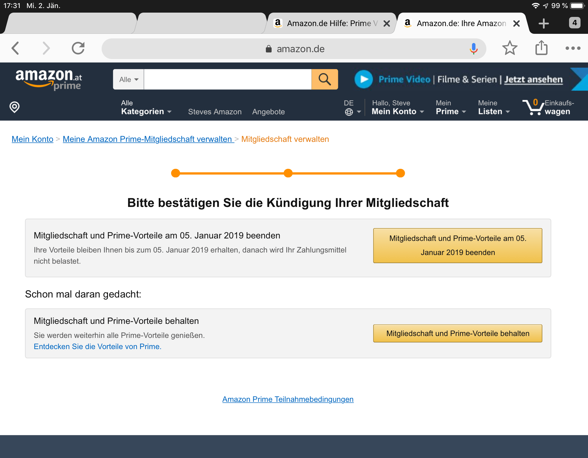 Amazon Prime Kündigung der Mitgliedschaft Schritt 1